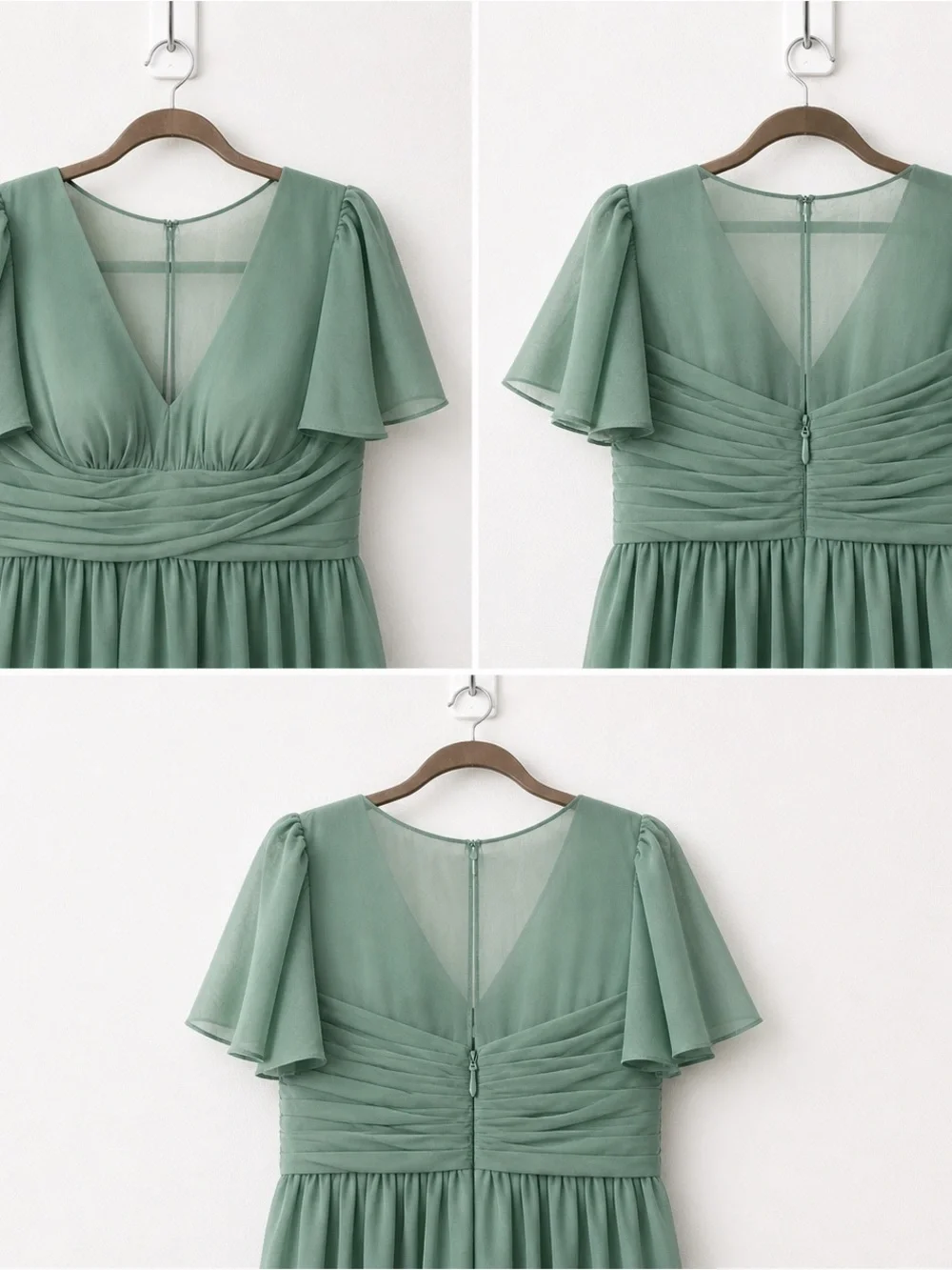 NWT Azazie Sage Green V-Neck Flutter Sleeve Maxi Dress bridesmaid formal gown A8 - Picture 5 of 14